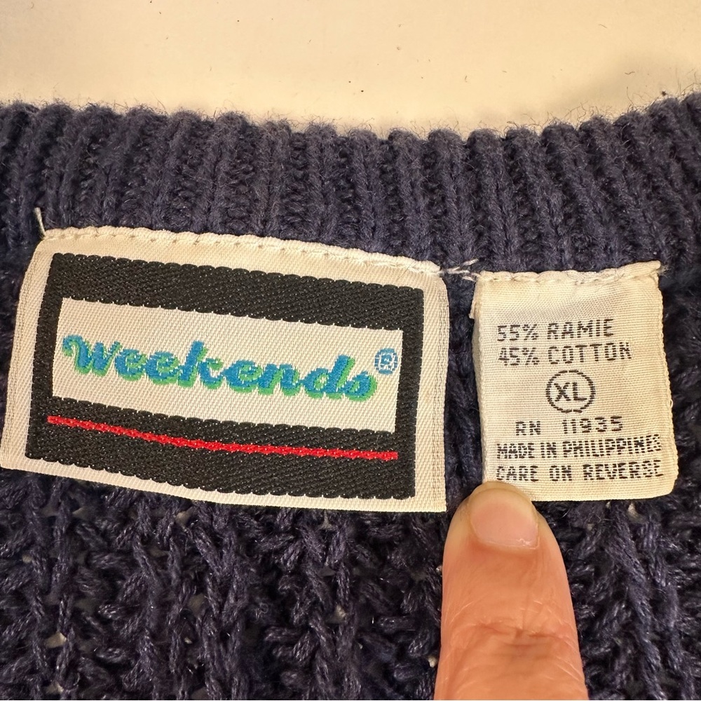 Vintage Weekends Navy Sweater XL V-Neck Striped Trim Ramie Cotton Preppy Retro - Picture 4 of 7